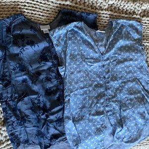 2 Liz Claiborne Floral Button Up Short Sleeve Chambray Blouse Top Shirts EUC